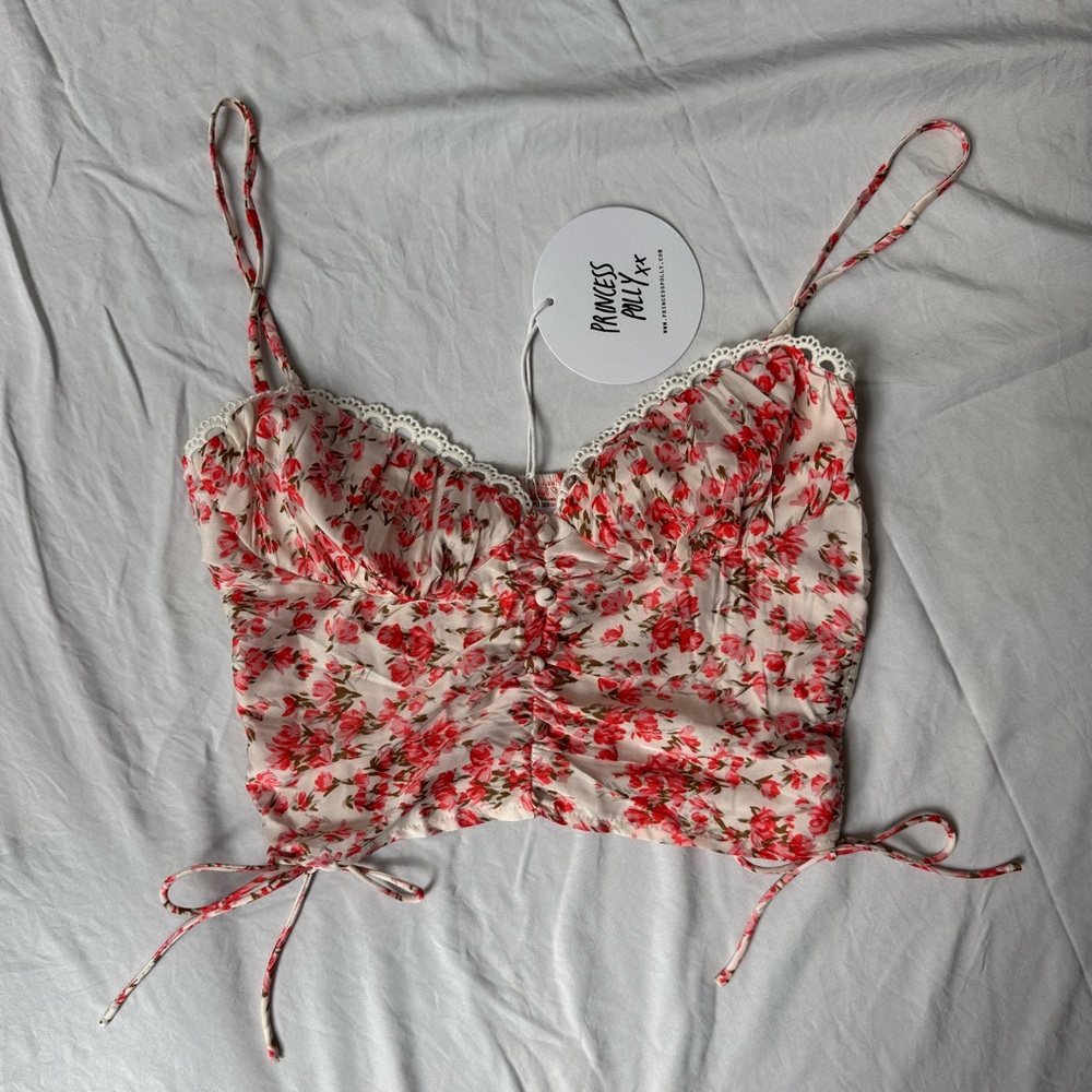 Princess Polly Cream Floral Ruched Cropped Cami with Red Pink Flowers - Picture 2 of 5